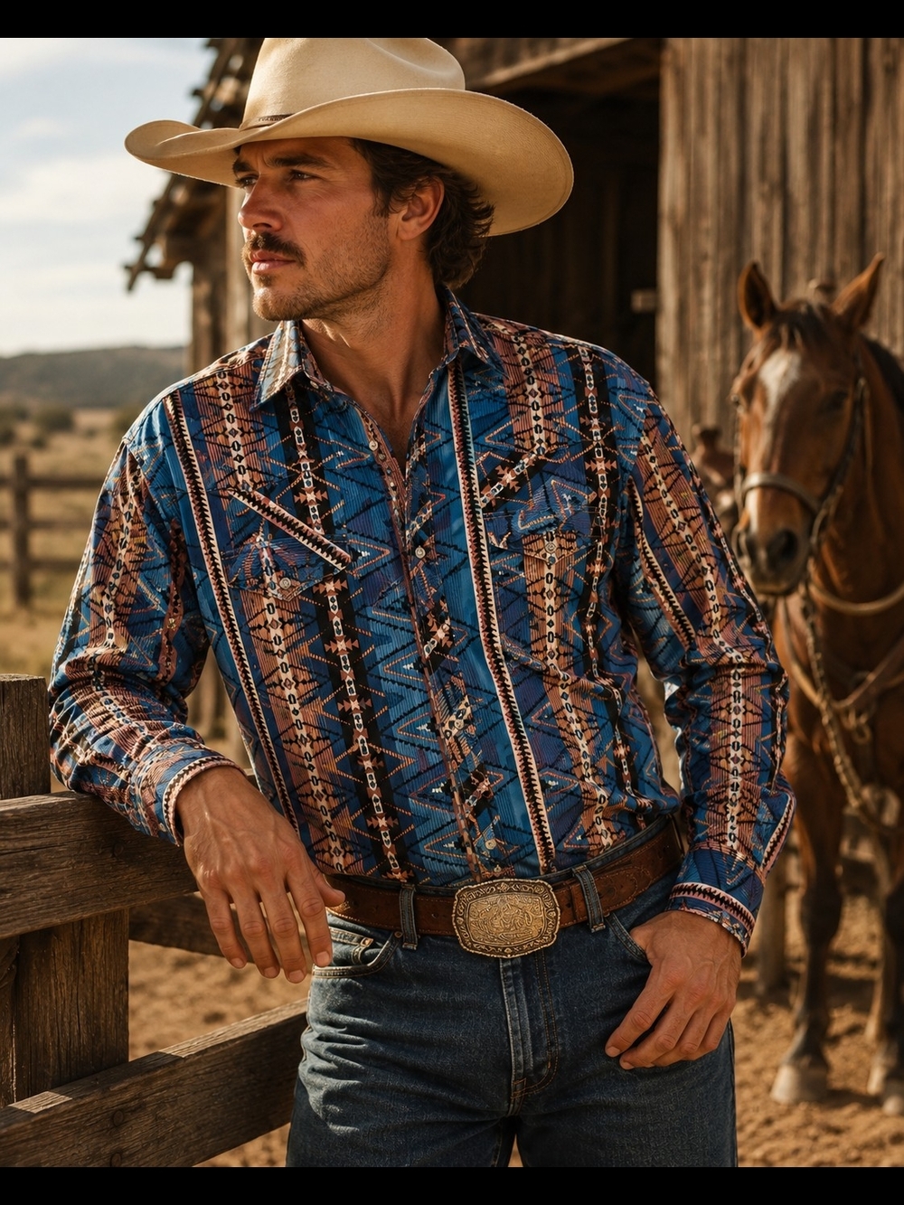 Men's Western-Style Lightweight Shirt Jacket in Blue and Brown
